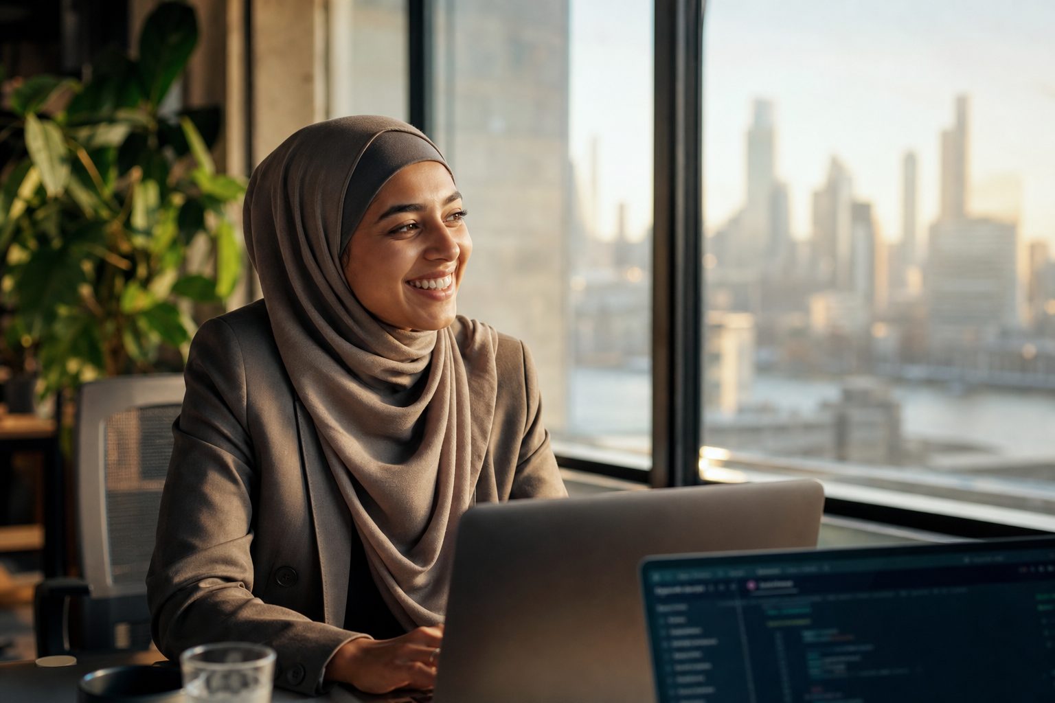 British Muslim founder smiling at her laptop in a London coworking space