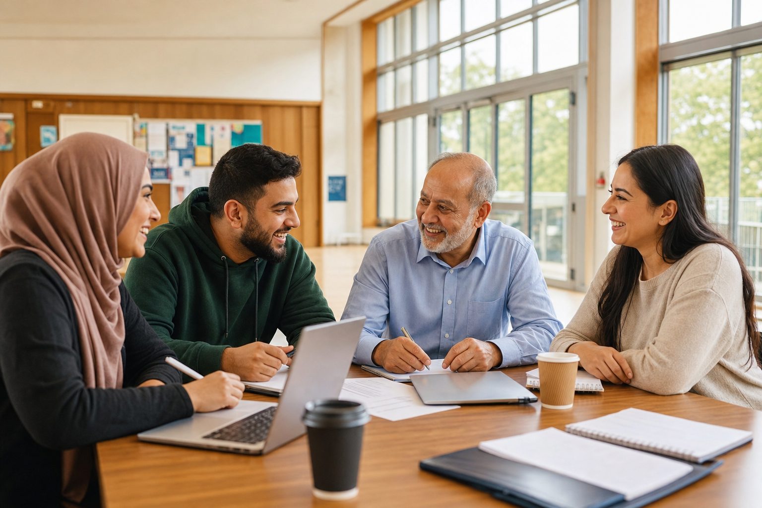 British Muslim charity team smiling around a planning table in a bright community hall