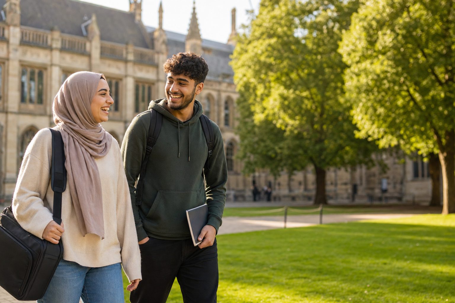 Two British Muslim students laughing together on a sunny UK university campus