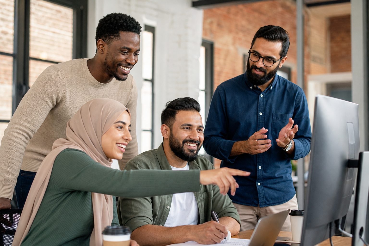 A small diverse group of British Muslim career changers smiling at a coding bootcamp workshop