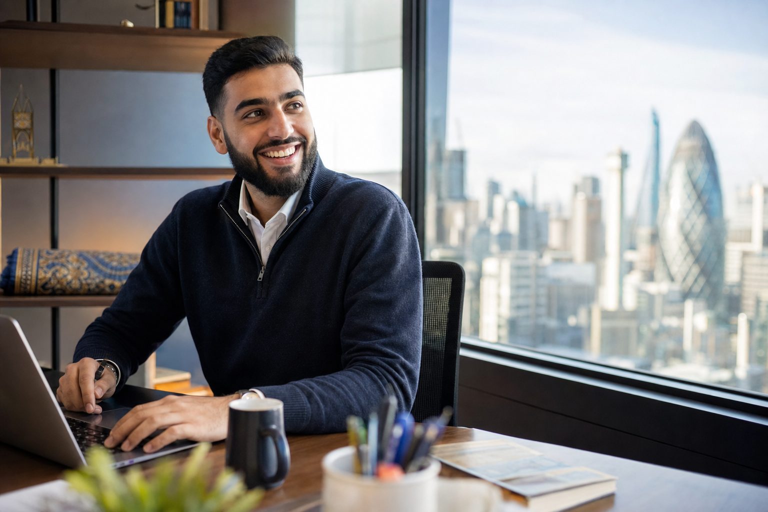 A British Muslim professional smiling at her laptop in a modern London office with a quiet prayer corner visible