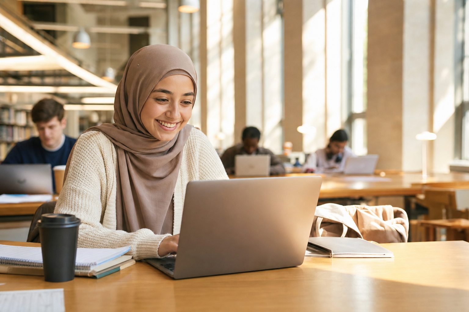 A British Muslim student smiling at her laptop in a sunny UK university library